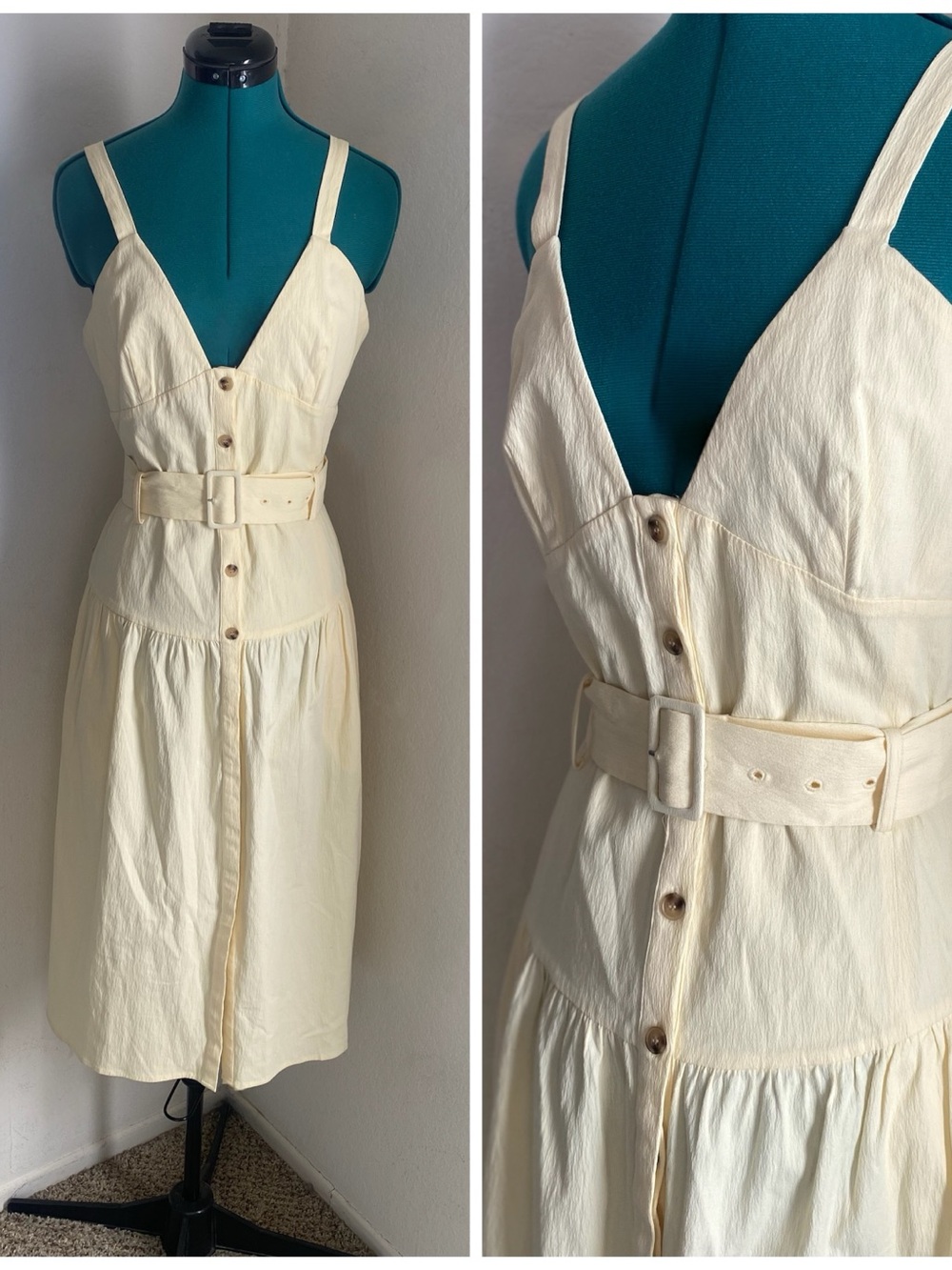 Reiss Cream Butter Yellow Button-Front Belted Midi Dress Size 6